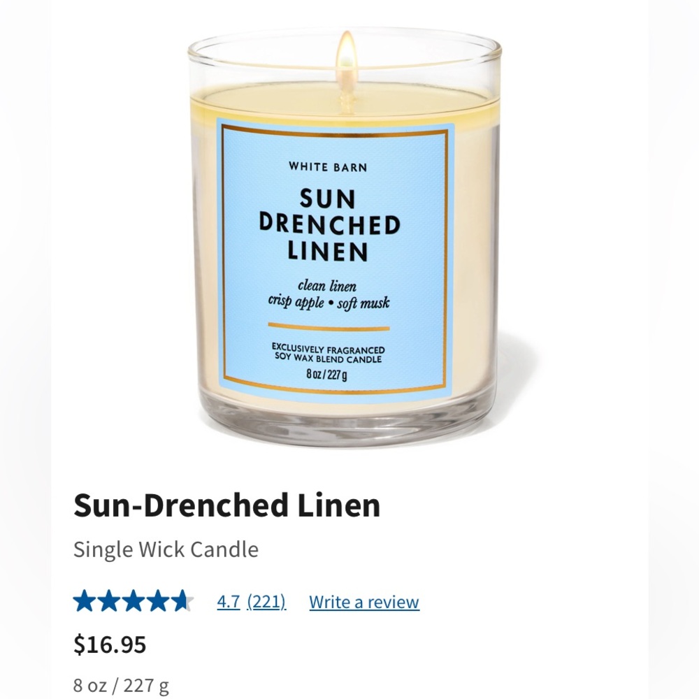 1 - “SUN-DRENCHED LINEN” by B&BW/WB, 8-oz / 227 g, Single Wick Candle, NWT base